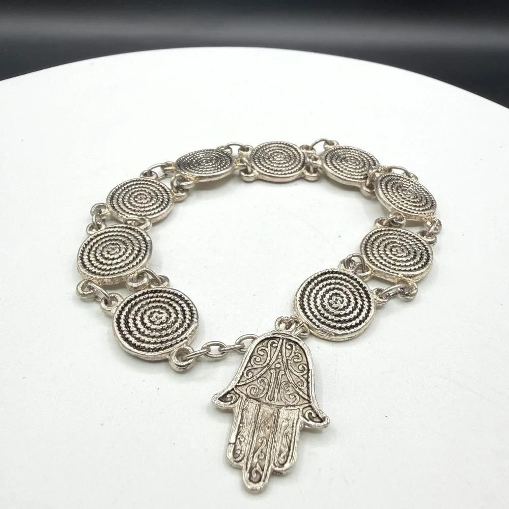 Silver Tone Hamsa Hand Charm Bracelet Spiral Medallion Boho Statement Jewelry